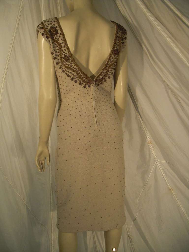 1960s Gene Shelley Wool Knit Bronzed Beaded Cocktail Dress In Excellent Condition In Gresham, OR