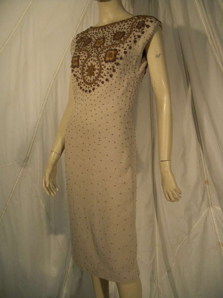 1960s Gene Shelley Wool Knit Bronzed Beaded Cocktail Dress 1