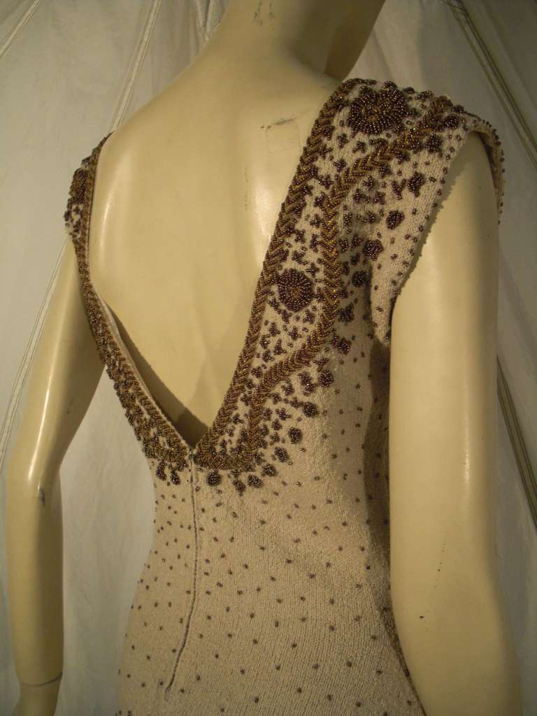 1960s Gene Shelley Wool Knit Bronzed Beaded Cocktail Dress 2