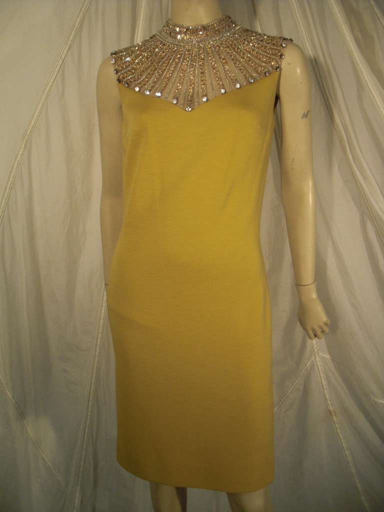 1960s Mr. Blackwell Wool Knit Cocktail Dress w/Egyptian Revival Jeweled Collar 1