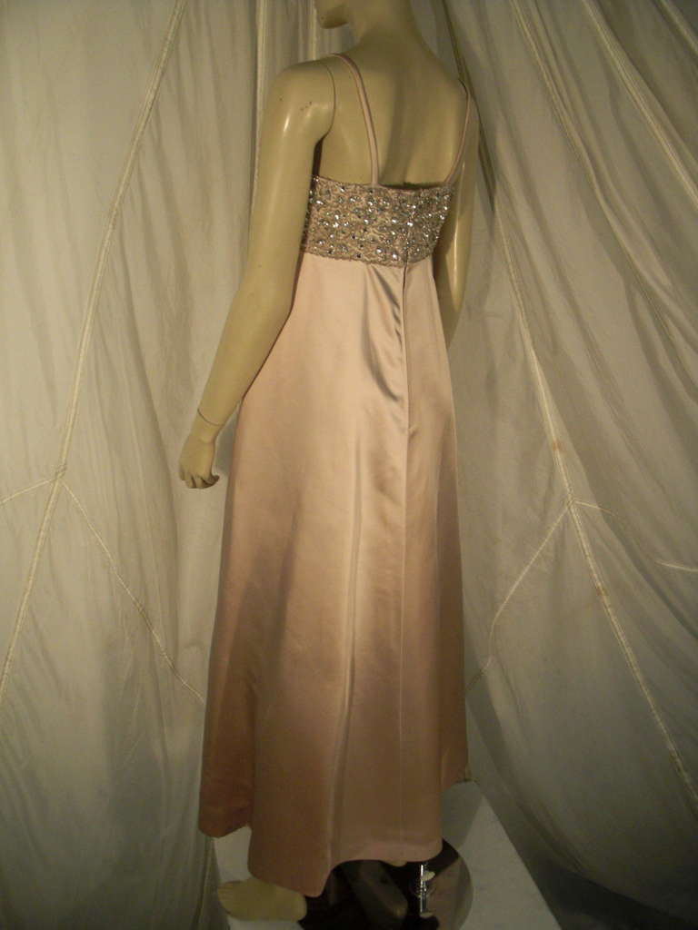 1960s Malcolm Starr Beaded Bandeau Empire Silk Satin Gown In Excellent Condition In Gresham, OR