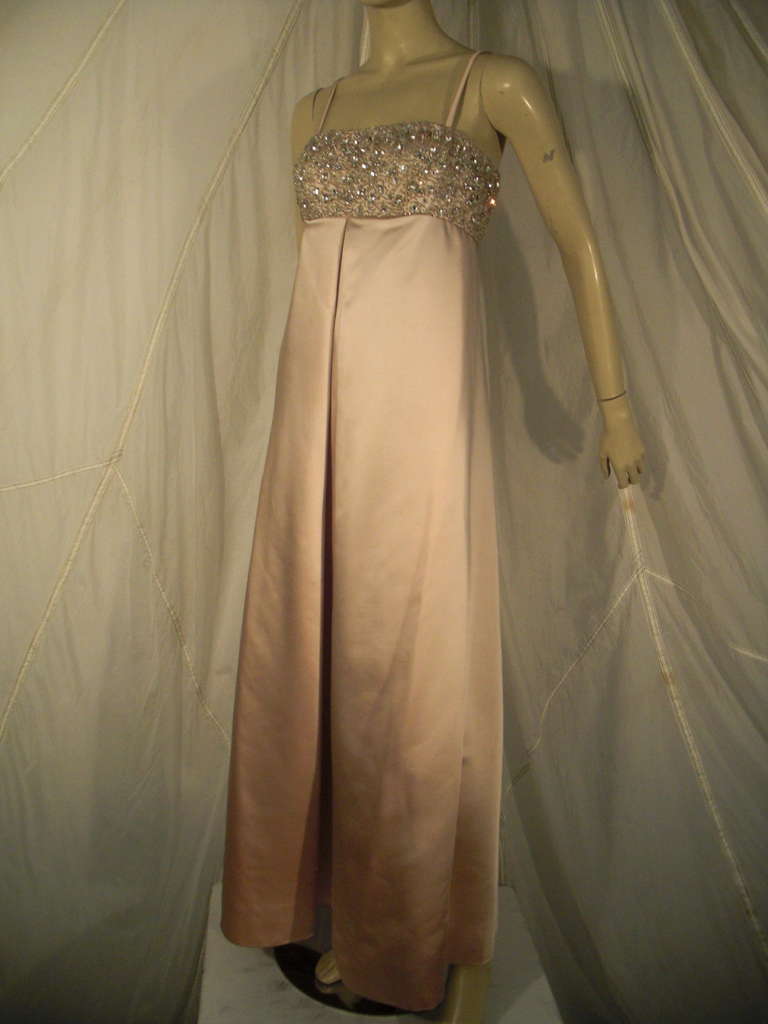 Women's 1960s Malcolm Starr Beaded Bandeau Empire Silk Satin Gown