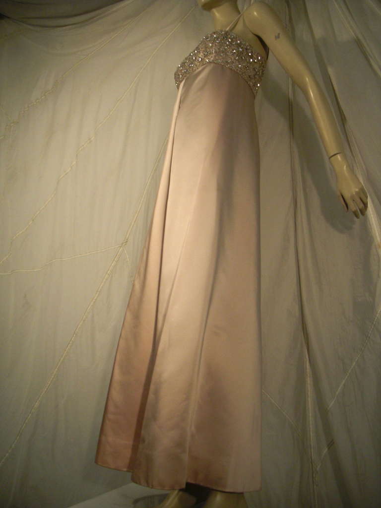 1960s Malcolm Starr Beaded Bandeau Empire Silk Satin Gown 1
