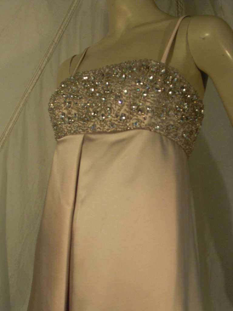 1960s Malcolm Starr Beaded Bandeau Empire Silk Satin Gown 2