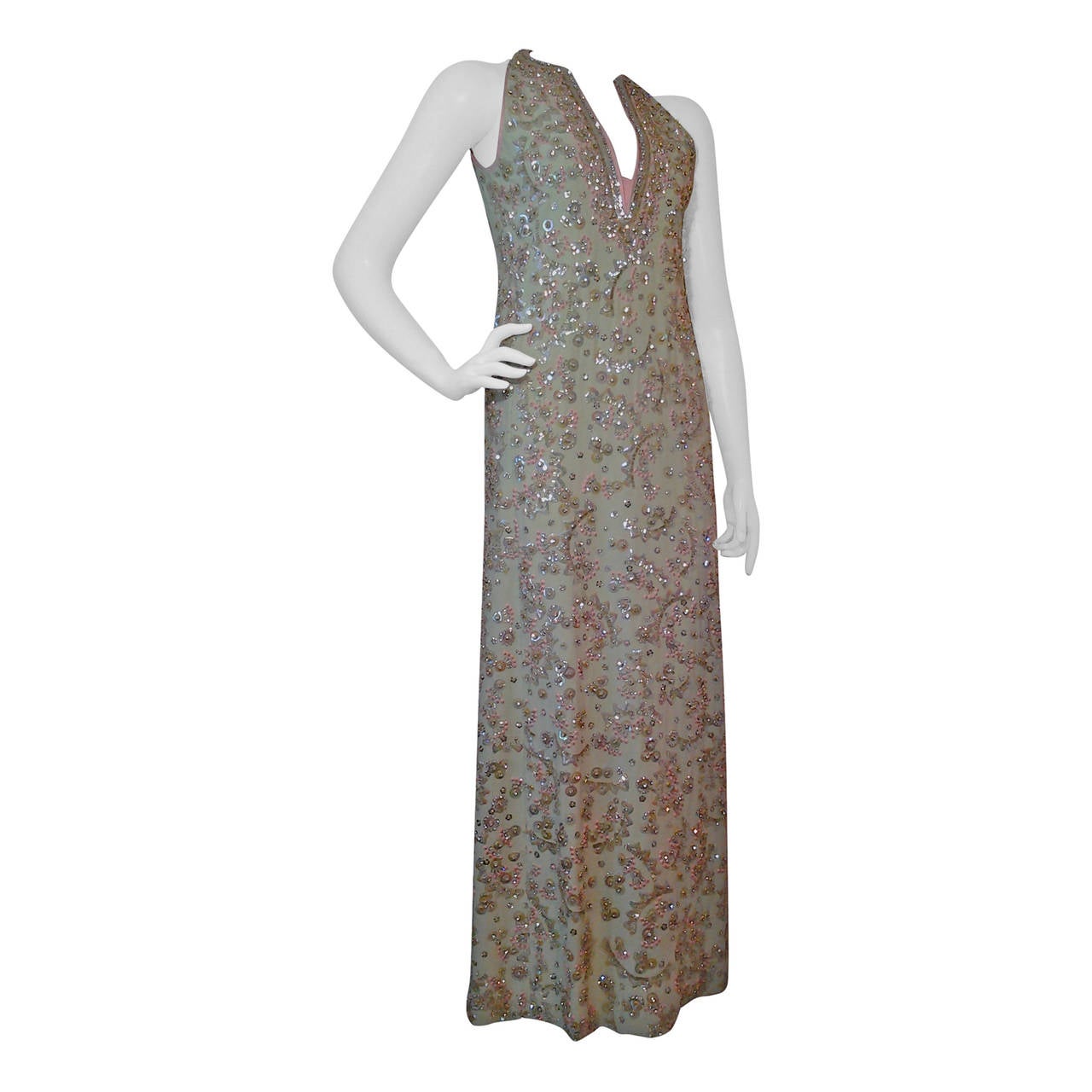 Stunning 1960s Beaded and Sequined Sleeveless Silk Gown in Mint and Coral