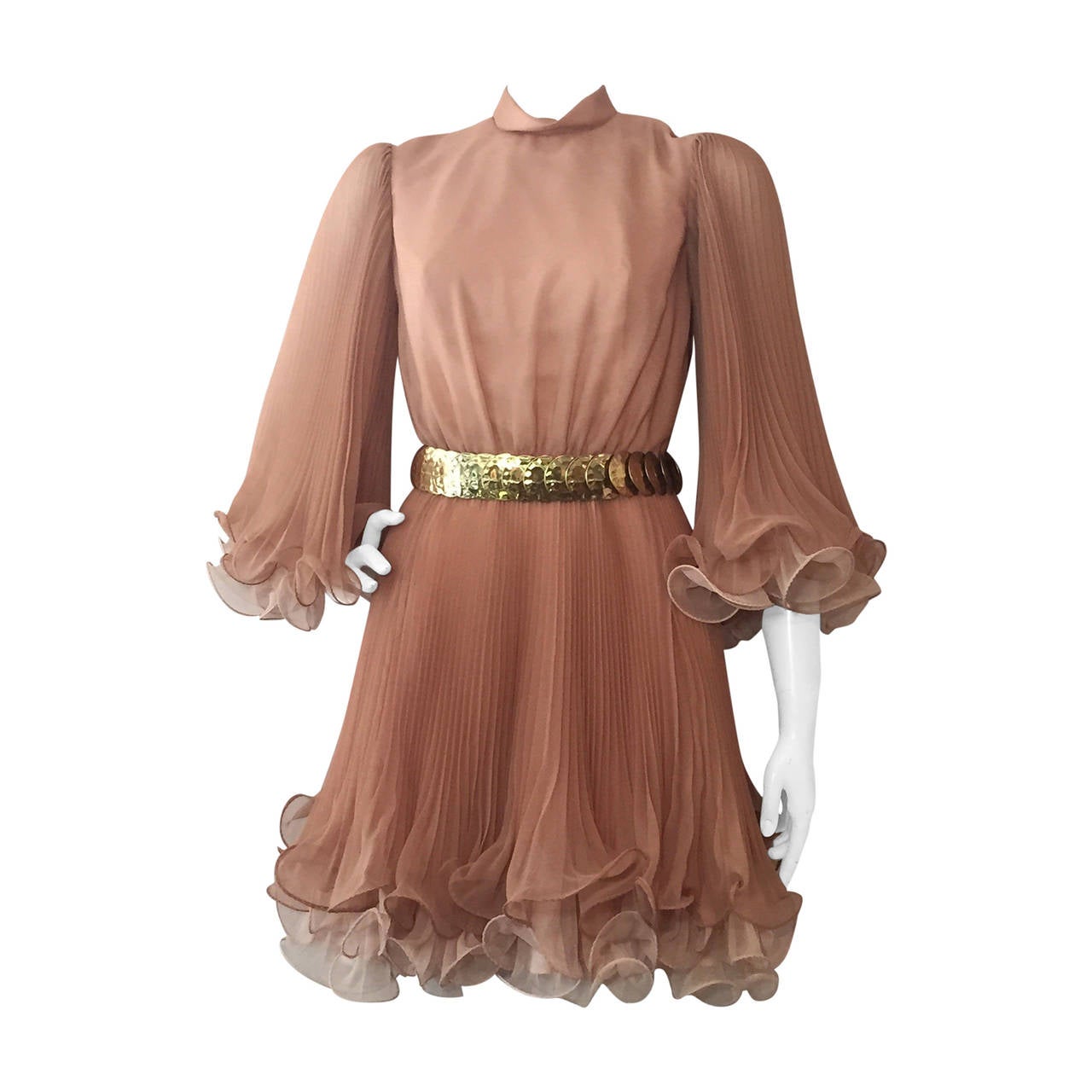 1960s Miss Elliette Taupe and Beige Mini Dress w/ Pleats and Ruffles