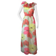 1960s Kiki Hart Poppy Print Organza Maxi Dress with Ruffled Collar