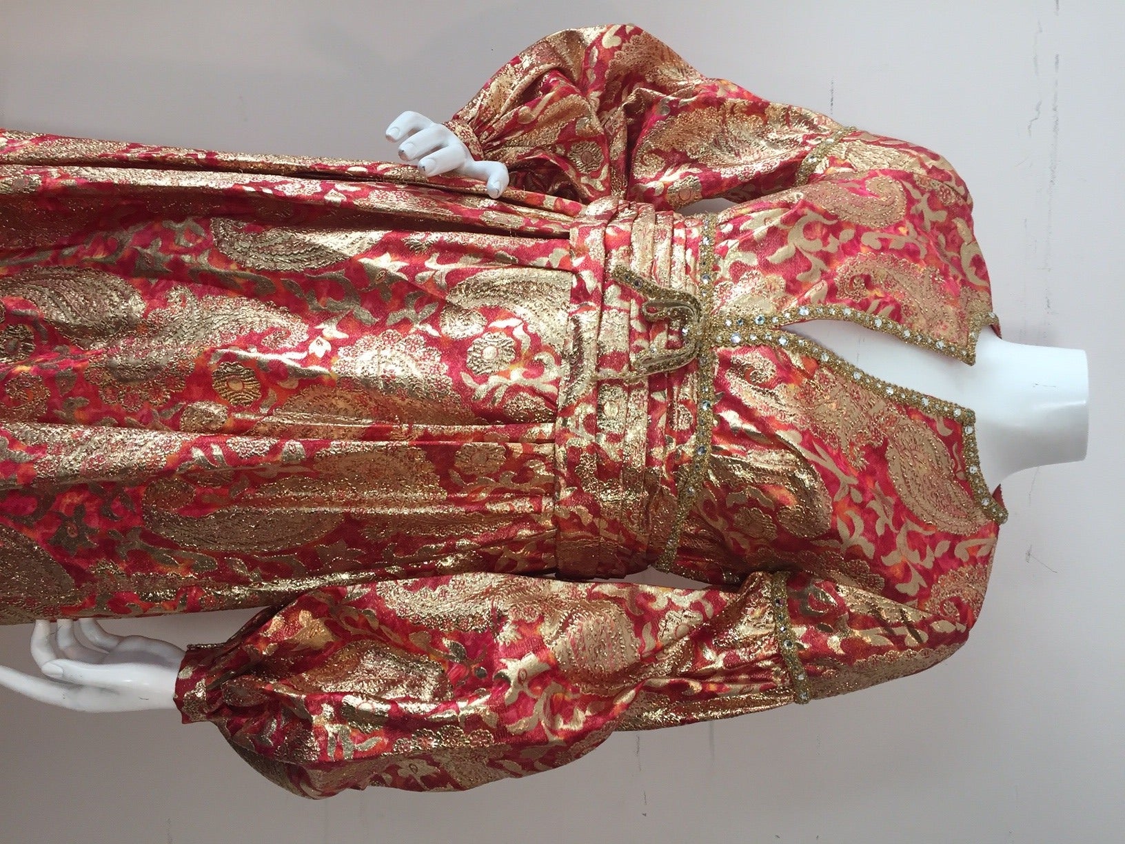 1960s Rizkallah for Malcolm Starr Lame Brocade Empire Gown w/ Rhinestones 3