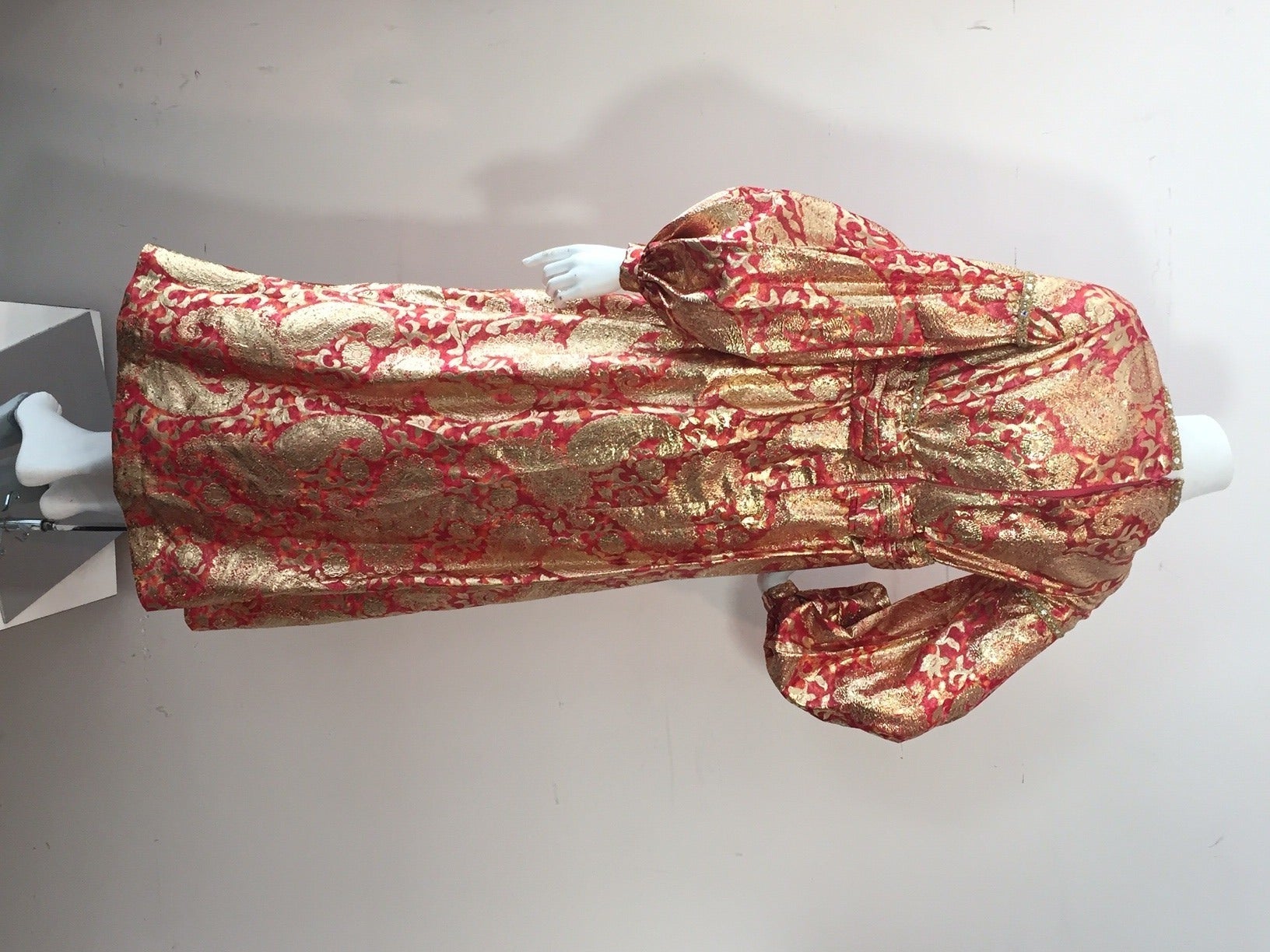 1960s Rizkallah for Malcolm Starr Lame Brocade Empire Gown w/ Rhinestones 1