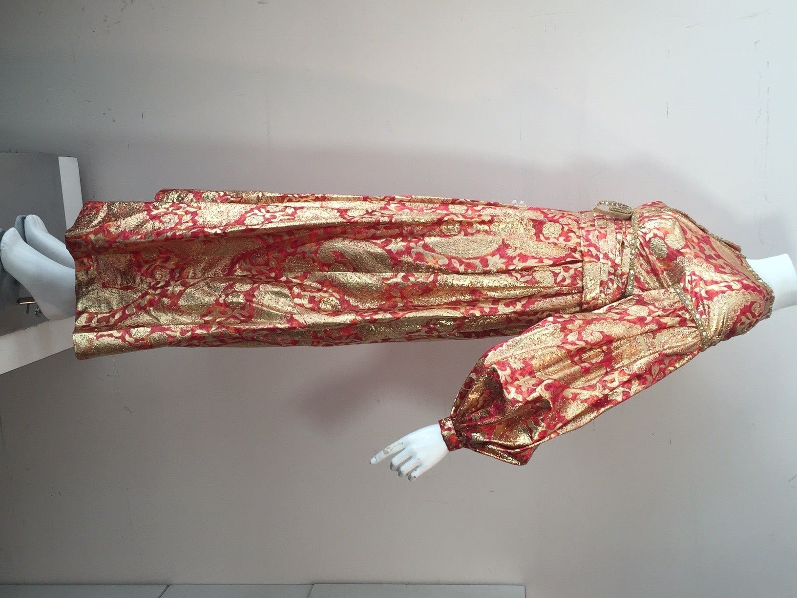 1960s Rizkallah for Malcolm Starr Lame Brocade Empire Gown w/ Rhinestones In Excellent Condition In Gresham, OR