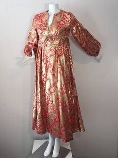 1960s Rizkallah for Malcolm Starr Lame Brocade Empire Gown w/ Rhinestones