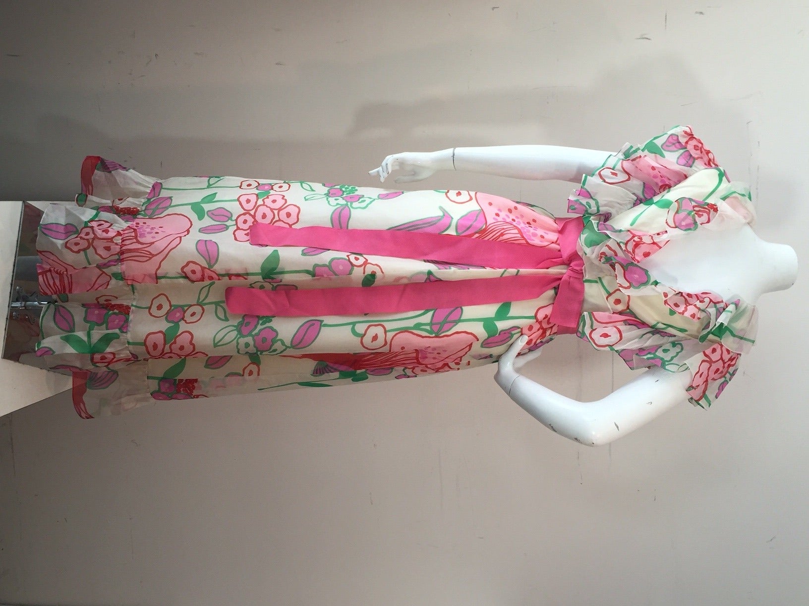 1960s Kiki Hart Floral Print Organza Maxi Dress with Ruffled Collar In Excellent Condition In Gresham, OR