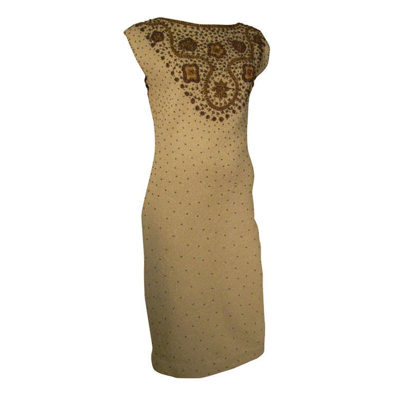 1960s Gene Shelley Wool Knit Bronzed Beaded Cocktail Dress