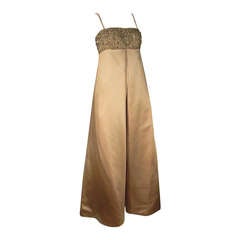 1960s Malcolm Starr Beaded Bandeau Empire Silk Satin Gown 1