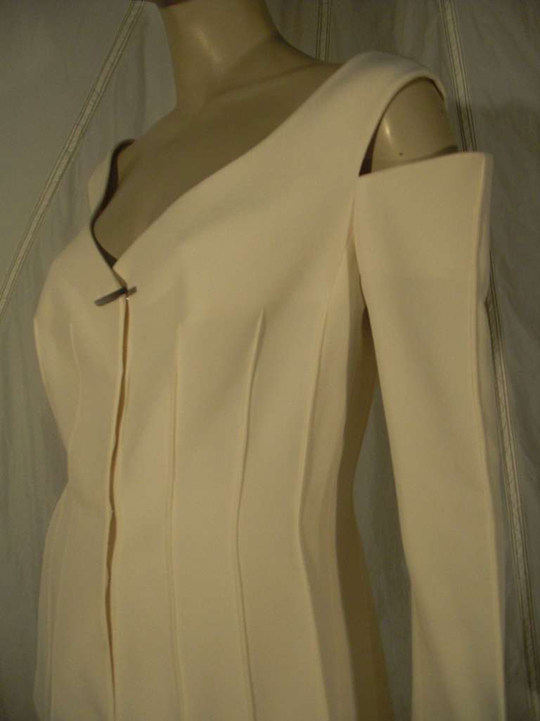 1990s Thierry Mugler Cream Skirt Suit w/ Peek a Boo Shoulders and Seaming 1