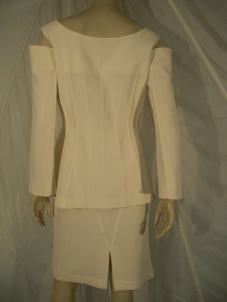 1990s Thierry Mugler Cream Skirt Suit w/ Peek a Boo Shoulders and Seaming 2