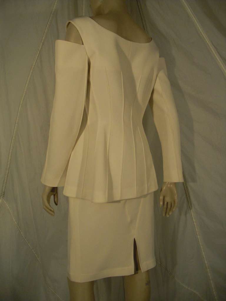 1990s Thierry Mugler Cream Skirt Suit w/ Peek a Boo Shoulders and Seaming 3