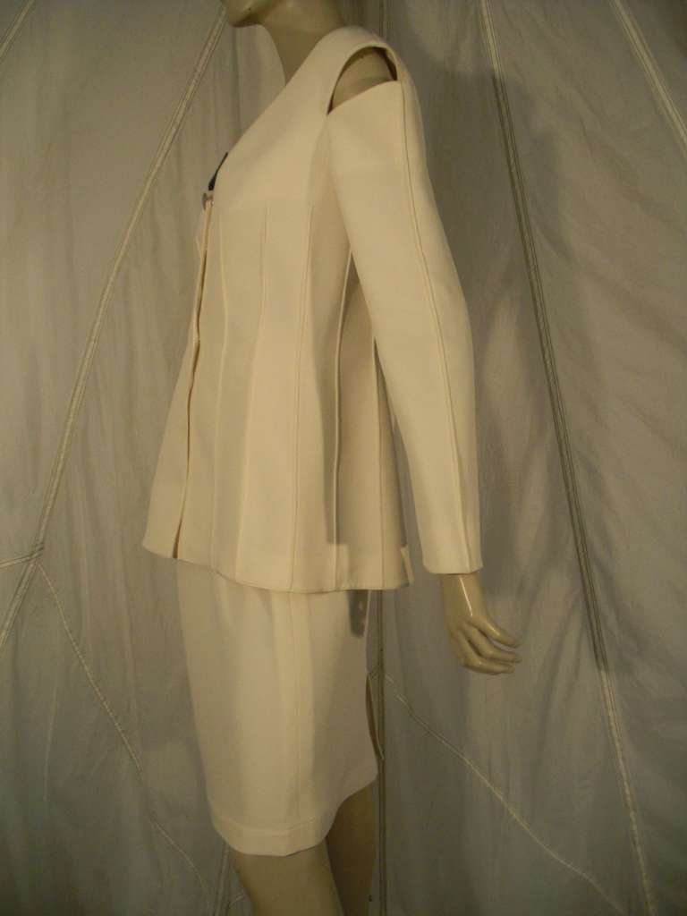 1990s Thierry Mugler Cream Skirt Suit w/ Peek a Boo Shoulders and Seaming 5