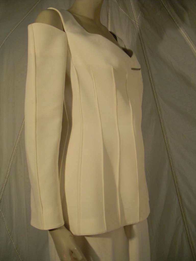 1990s Thierry Mugler Cream Skirt Suit w/ Peek a Boo Shoulders and Seaming 6