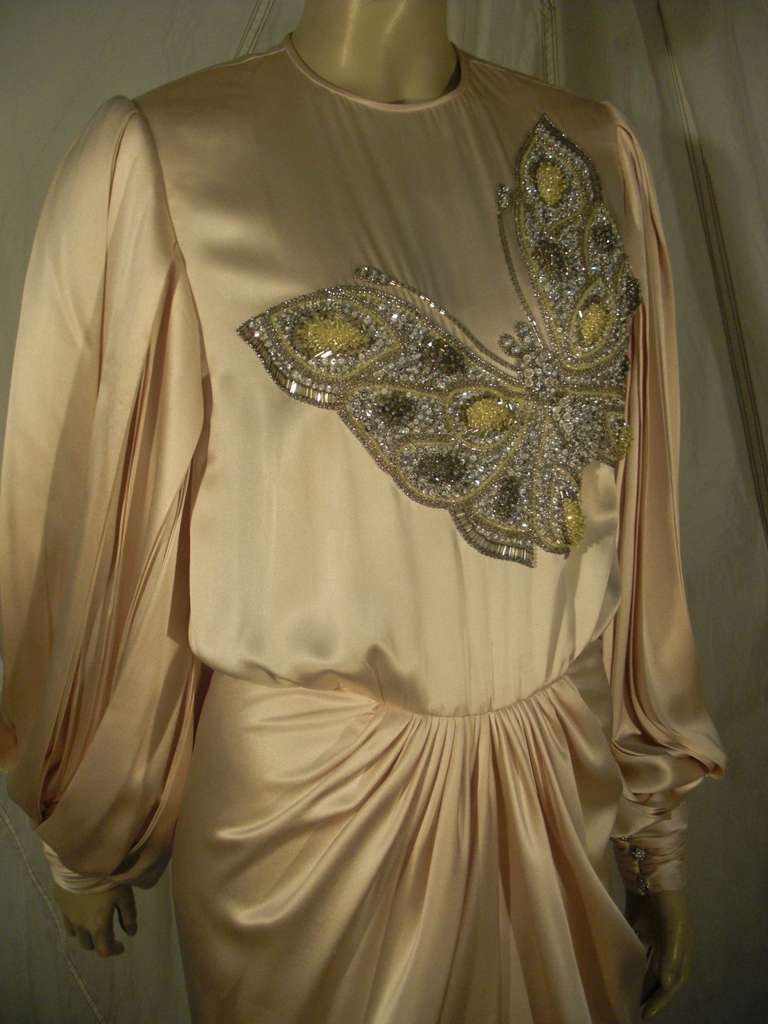 Brown 1980s James Galanos Silk Satin Draped Gown with Butterfly Embellishment