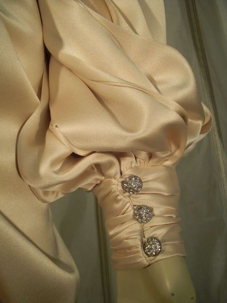 1980s James Galanos Silk Satin Draped Gown with Butterfly Embellishment In Excellent Condition In Gresham, OR