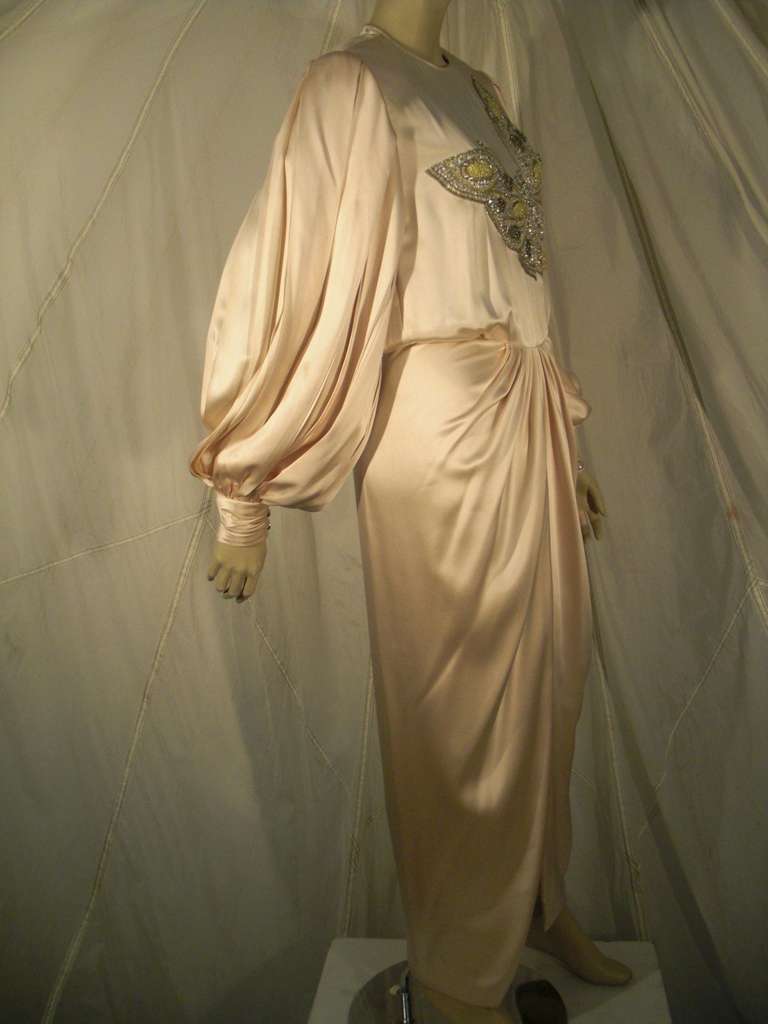 1980s James Galanos Silk Satin Draped Gown with Butterfly Embellishment 1