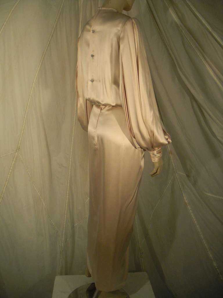 1980s James Galanos Silk Satin Draped Gown with Butterfly Embellishment 2