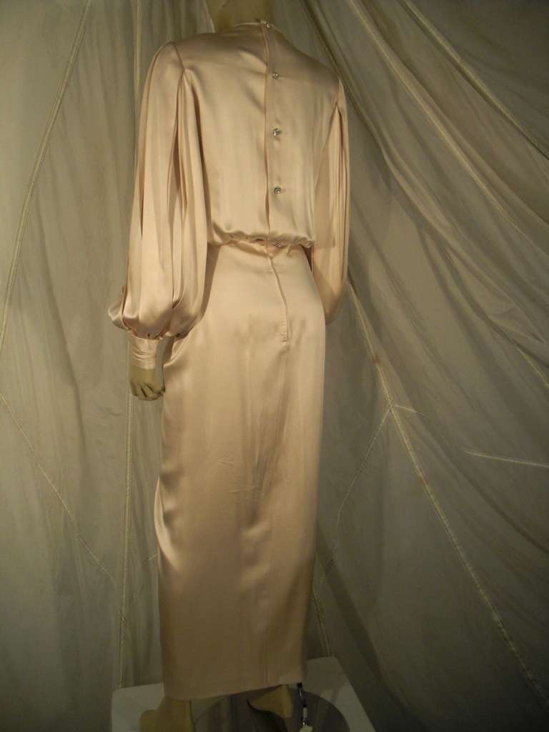 1980s James Galanos Silk Satin Draped Gown with Butterfly Embellishment 3