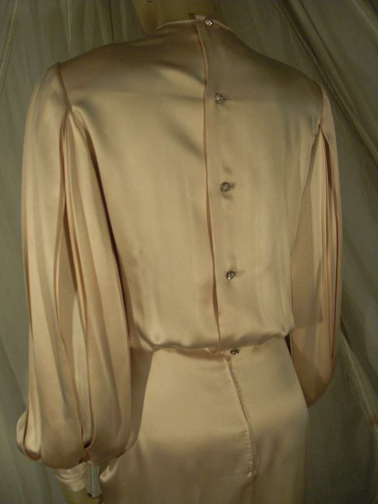 1980s James Galanos Silk Satin Draped Gown with Butterfly Embellishment 4