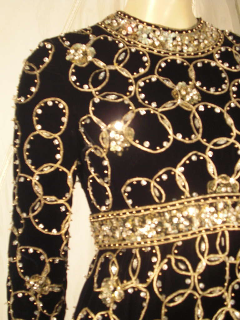 1960s Malcolm Starr Black Cocktail Dress with Elaborate Gold Embroidery In Excellent Condition In Gresham, OR