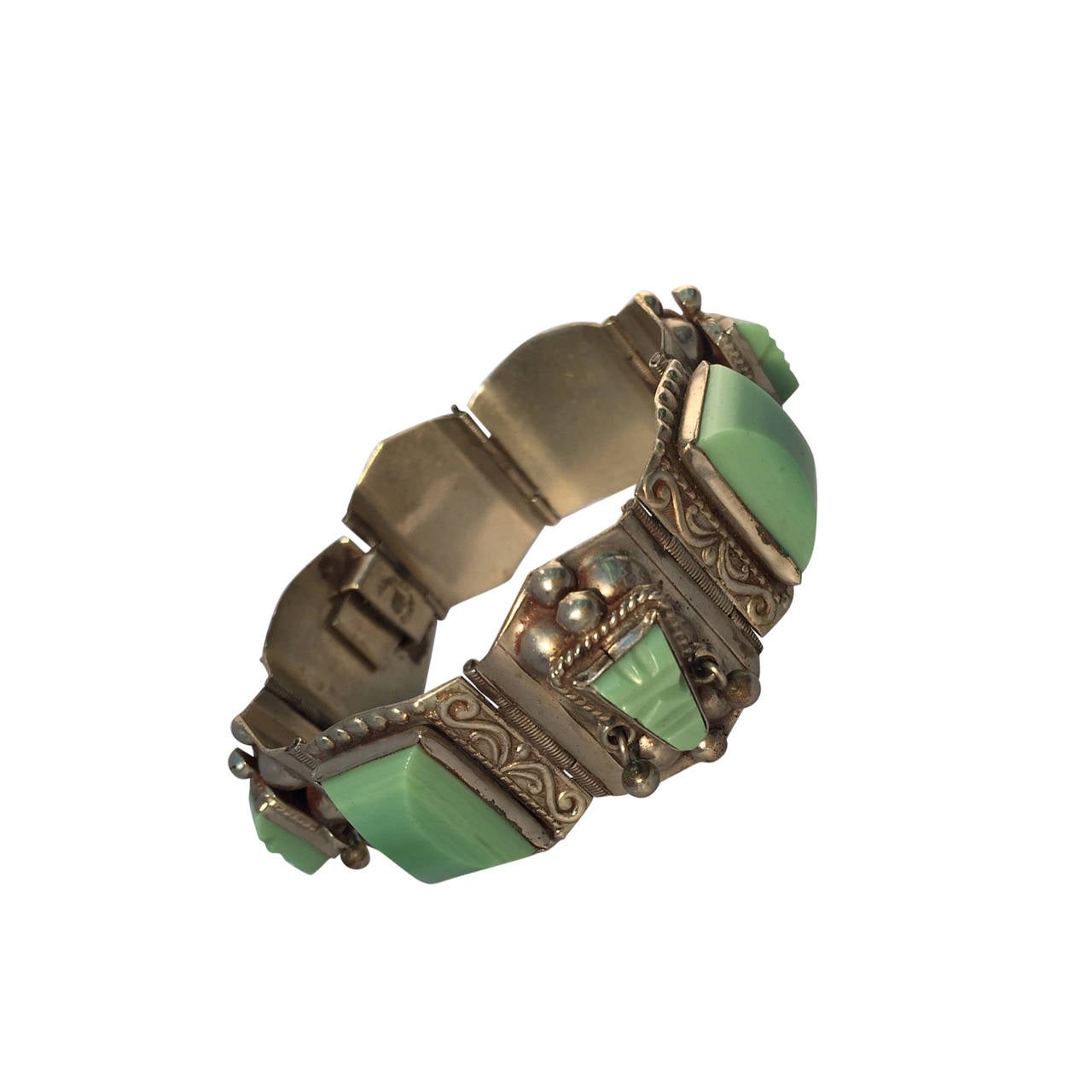1940s Carved Jadeite Glass and Sterling Silver Bracelet from ...  