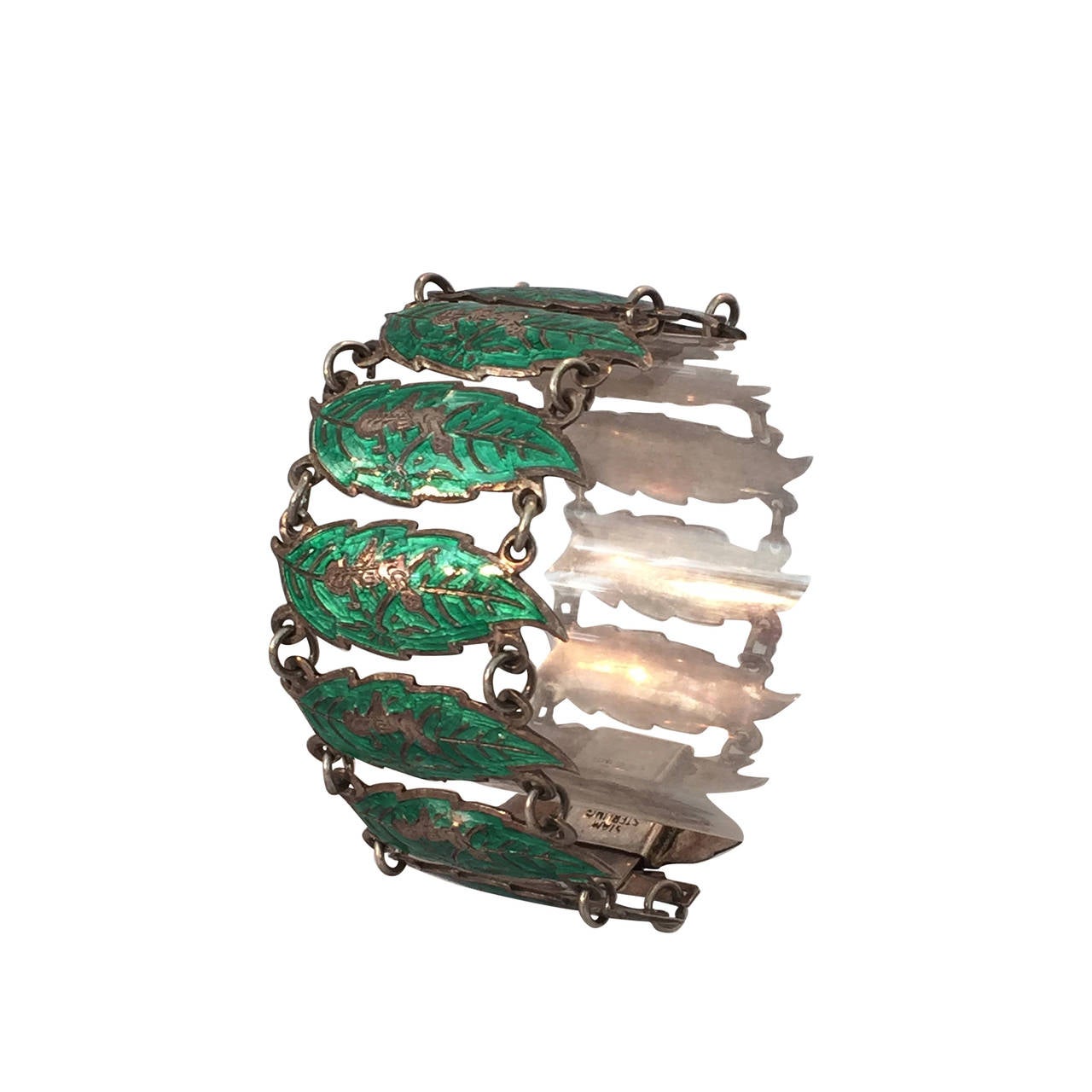 1940s Siamese Sterling Silver and Enameled Leaf Link Bracelet