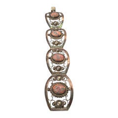 1940s Sterling Silver Mexican Bracelet w/ Glass "Opals" 9