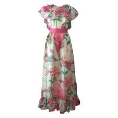 1960s Kiki Hart Floral Print Organza Maxi Dress with Ruffled Collar