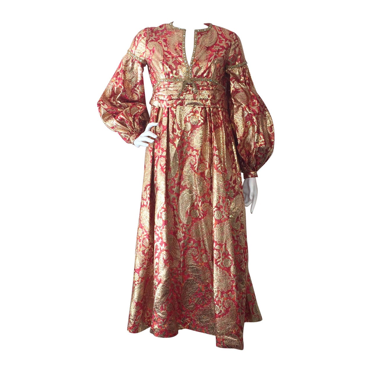 1960s Rizkallah for Malcolm Starr Lame Brocade Empire Gown w/ Rhinestones