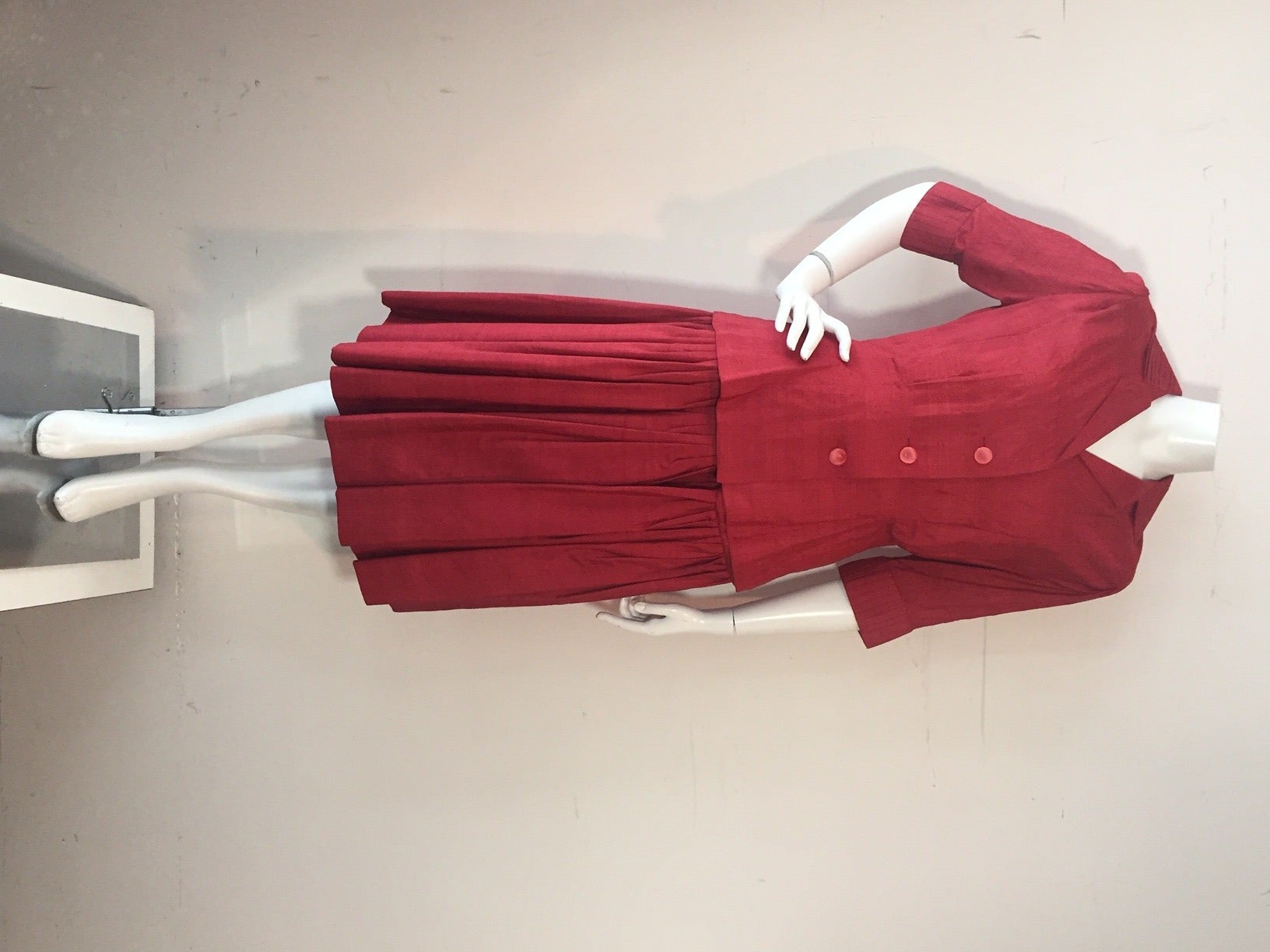 1950s Red Silk Blouse and Pleated Skirt Ensemble 3