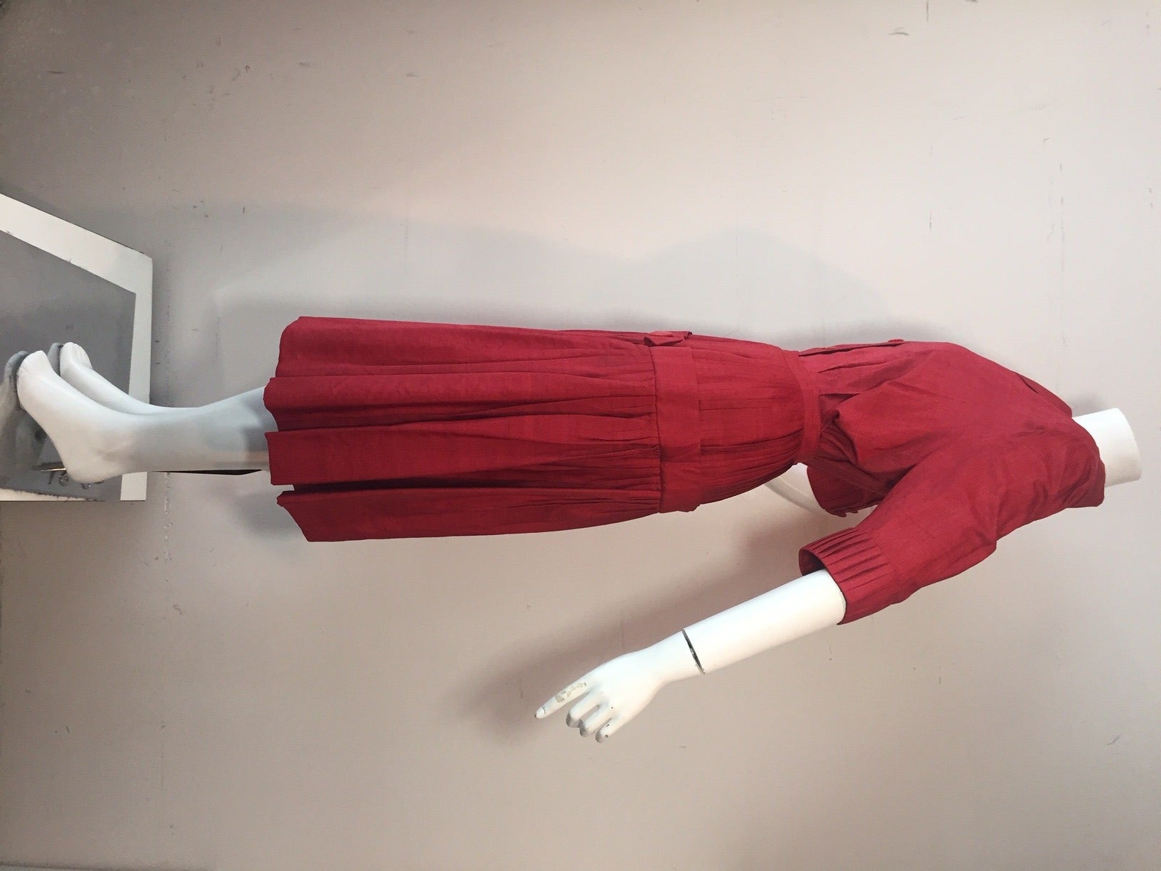 1950s Red Silk Blouse and Pleated Skirt Ensemble 2