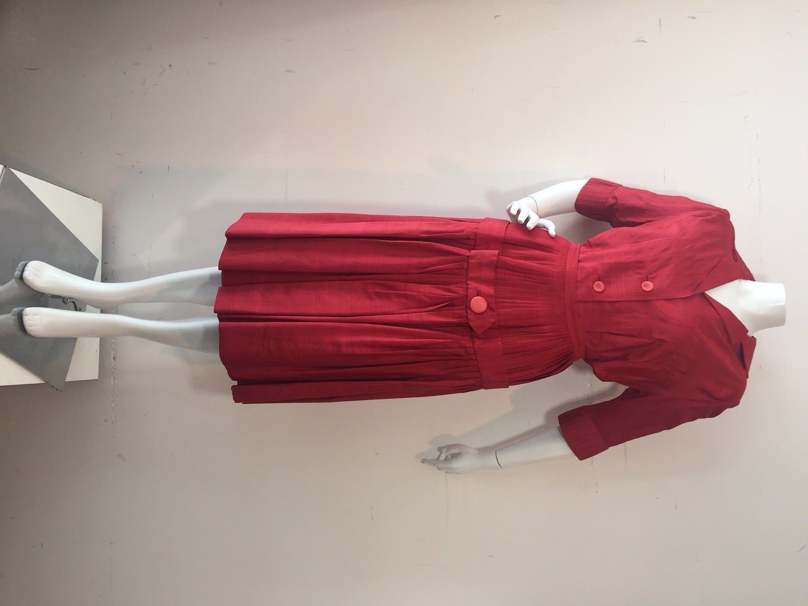 Women's 1950s Red Silk Blouse and Pleated Skirt Ensemble