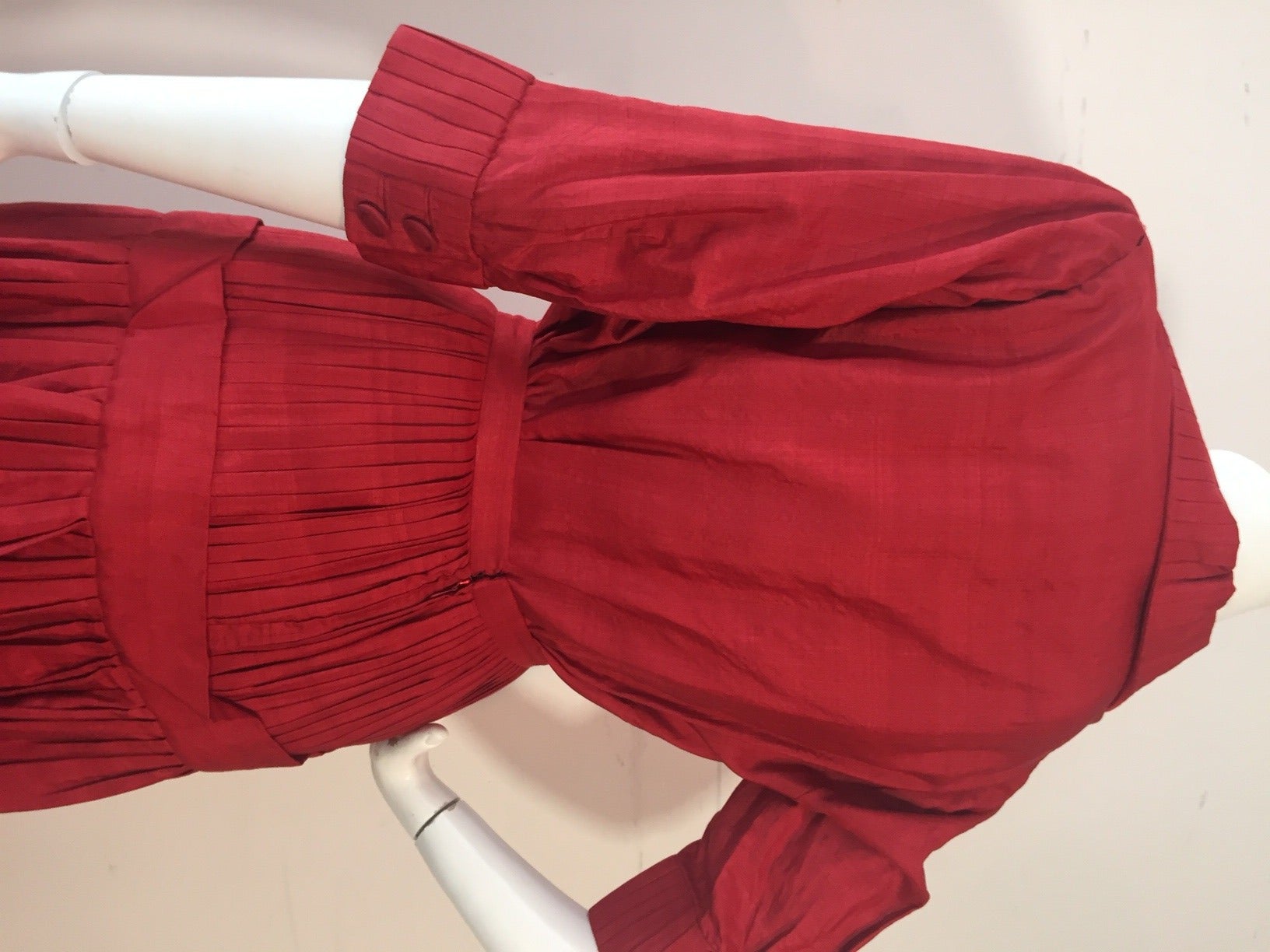 1950s Red Silk Blouse and Pleated Skirt Ensemble 1