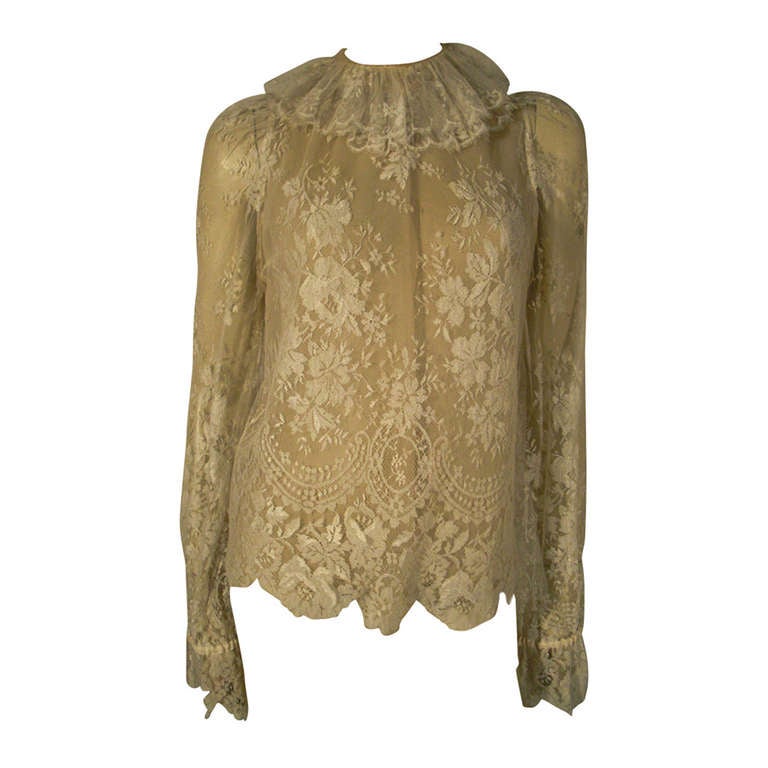 1970s Silk Lace Top w/ Scalloped Hem and Ruffle Collar