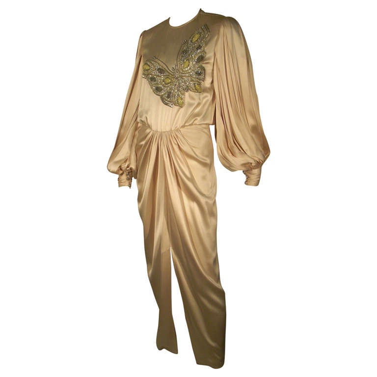 1980s James Galanos Silk Satin Draped Gown with Butterfly Embellishment