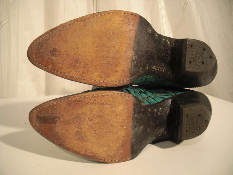 1980s Tony Lama Kelly Green Snake Skin Western Boot w/ Stitched Upper In Excellent Condition In Gresham, OR