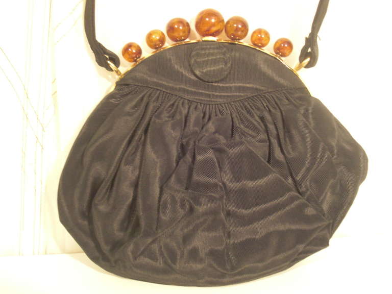 Brown 1940s Koret Moire Evening Bag With Faux Amber Beads