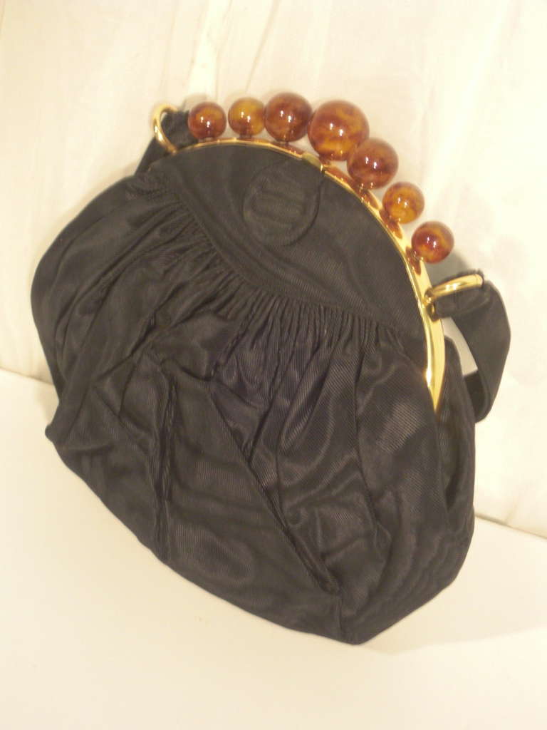 Women's or Men's 1940s Koret Moire Evening Bag With Faux Amber Beads