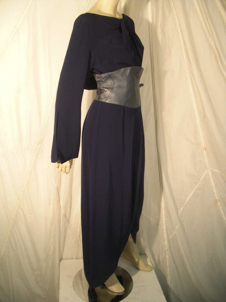 1980s Thierry Mugler Couture Wrap Style Dress with Metallic Leather Cummerbund 3