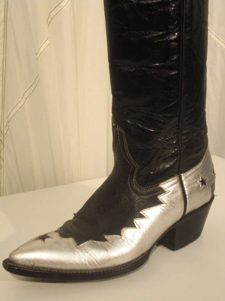 1980s Black Leather Western Riding Boot w/ Silver Leather Embellishment In Excellent Condition In Gresham, OR