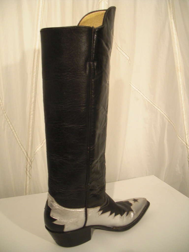 Women's or Men's 1980s Black Leather Western Riding Boot w/ Silver Leather Embellishment