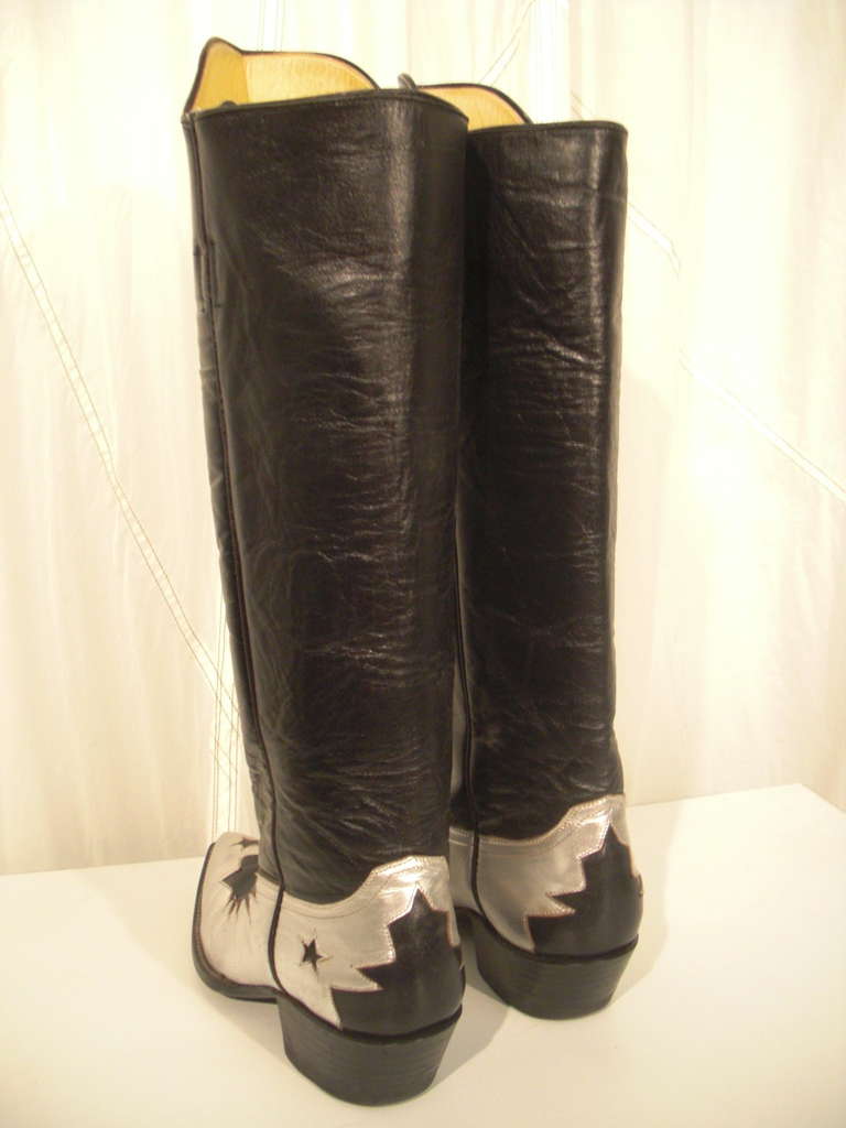 1980s Black Leather Western Riding Boot w/ Silver Leather Embellishment 1