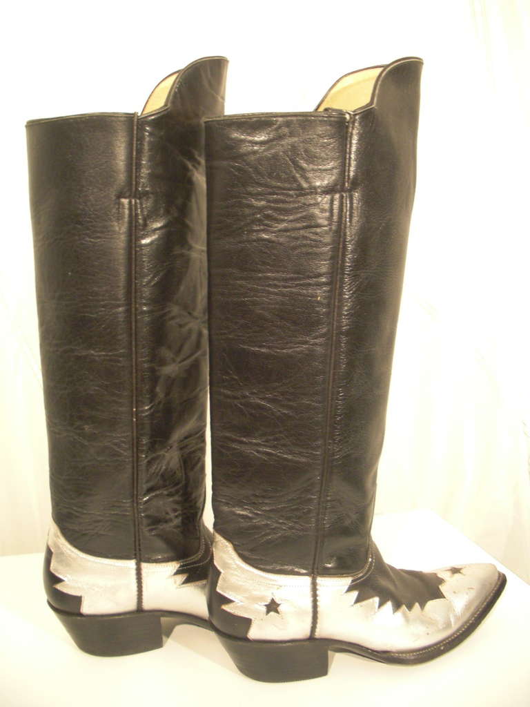 1980s Black Leather Western Riding Boot w/ Silver Leather Embellishment 2