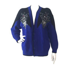 1980s Kansai Yamamoto Beaded Yolk Cardigan Sweater in Cobalt and Black